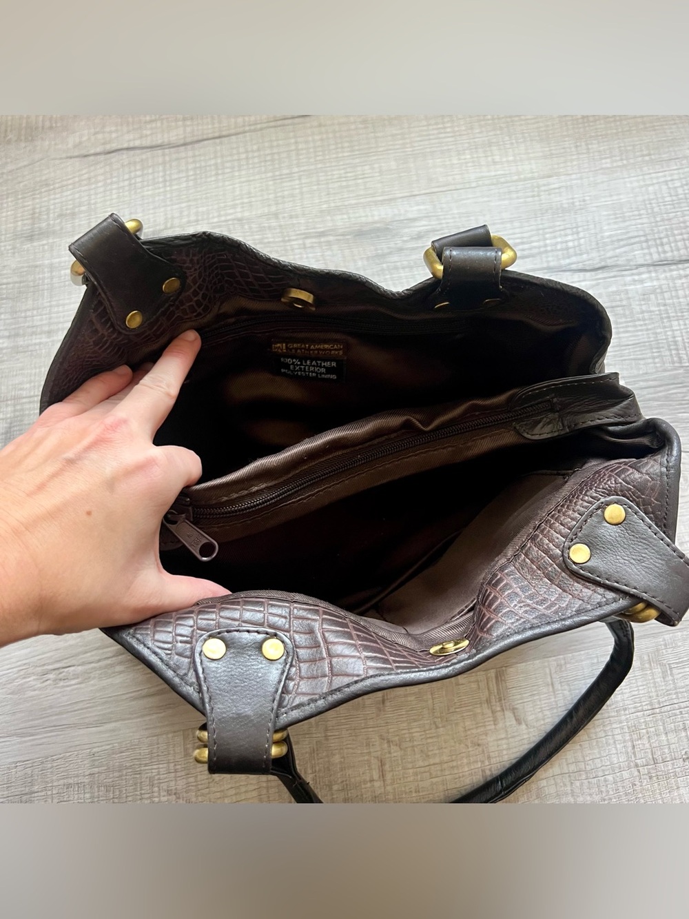 Great American Leatherworks Satchel Shoulder Bag Croc Embossed Brown Black - Picture 9 of 12